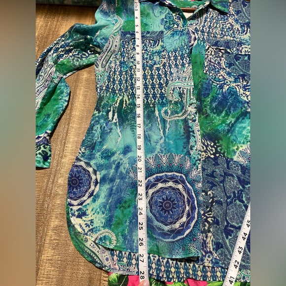 Chico's Blue and Green Patterned button down cotton Blouse - Picture 7 of 7